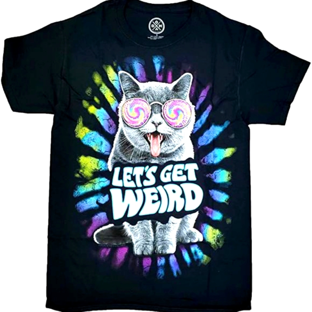 Trippy Cat tee Lets Get Weird Psychedelic kitty hippie cat lover 420 Small